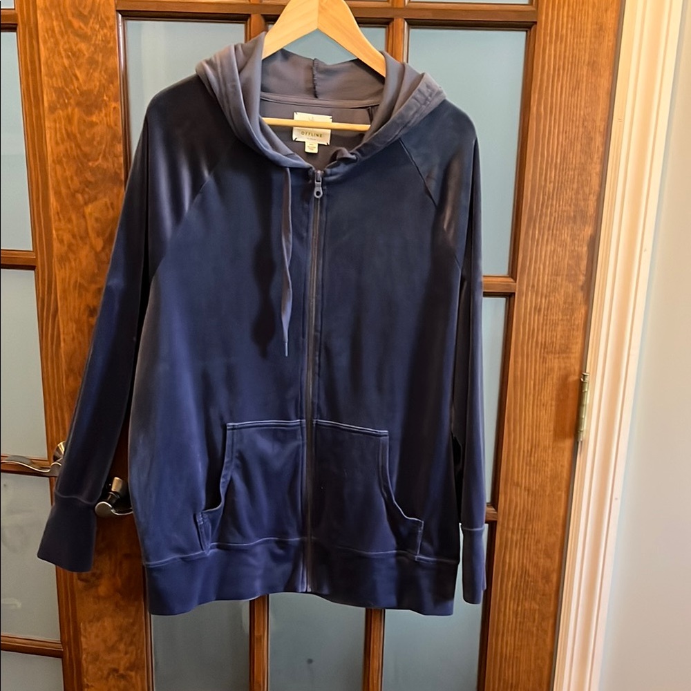 Aerie offline  Blue Zip-Up velour Jacket with Hood.